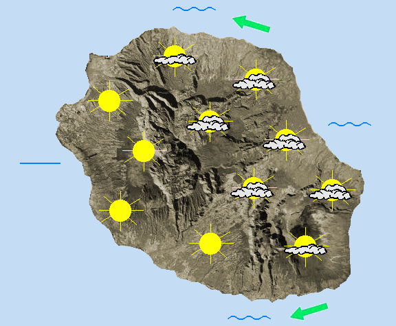 JOURNEE DU MARDI 19  Alizé modéré de secteur Est à Nord-Est.  La journée débute par un généreux soleil sur la majeure partie de notre île; seul la façade Nord-Est, de la Pointe de la Table à Saint-André pâtit d'un ciel gris et avec des pluies éparses dans les hauts.  La situation évolue peu au fil de la matinée. En mi-journée par contre, la couverture nuageuse prend de l'embonpoint et glisse vers l'Ouest en donnant quelques gouttes sur la Plaine des Palmistes. L'après-midi, les cirques et les plus hauts sommets devraient cependant conserver un temps sec et bien ensoleillé. Sur les plages de l'Ouest, le temps reste sec, même si des nuages élevés envahissent le ciel.  Le vent de Nord-Est engendre des rafales de 50 à 60 km/h sur les régions du Port à la Grande Chaloupe et vers  Saint-Philippe. Partout ailleurs un faible régime de brise persiste. La mer est peu agitée à agitée au vent avec une houle d'alizé voisine de 2 mètres.