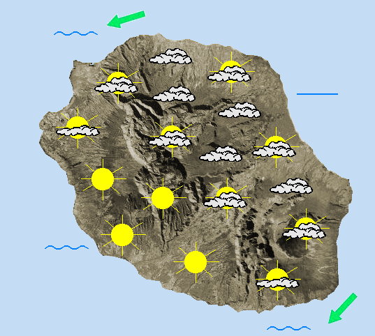 JOURNEE DU MERCREDI 20  Alizé modéré d'Est à Nord-Est.  La journée débute par un généreux soleil sur la majeure partie de notre île; seul la façade Nord-Est, de la Pointe de la Table à Saint-André pâtit d'un ciel gris et avec des pluies éparses dans les hauts.  La situation évolue peu au fil de la matinée. En mi-journée par contre, avec l'évolution diurne, les cumulus se forment aux flancs des remparts et dans les cirques. Cet après-midi, ces nuages s'épaississent et s'étalent vers l'Ouest. Entre Saint Leu et la Possession, les débordements nuageux viennent apporter un peu d'ombre sur le bord de mer. Par contre, les plus hauts sommets devraient conserver un temps sec et bien ensoleillé.  Le vent de Nord-Est est faible à modéré. Il peut atteindre localement 50 km/h, sur la côte Sud, entre Saint-Philippe et Saint-Joseph.  Partout ailleurs un faible régime de brise persiste. La mer est peu agitée sur la côte Nord, à agitée partout ailleurs. Sur la côte Sud-Ouest, la houle australe est proche de deux mètres. Sur les côtes Est et Nord-Est, la houle d'alizé voisine de deux mètres s'amortit lentement.