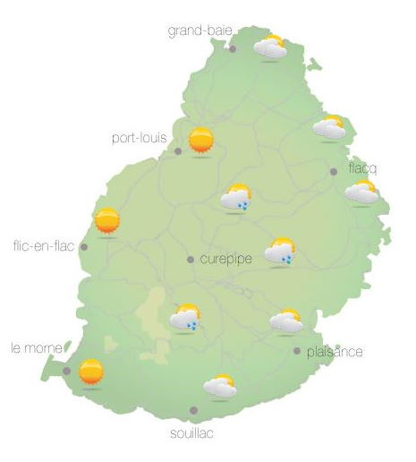 Bulletin prévision - Maurice  COMMUNIQUÉ DE LA MÉTÉO POUR MAURICE ÉMIS À 04H30 CE JEUDI 21  OCTOBRE 2021.     SITUATION GÉNÉRALE:   I. Des nuages venant de l'Est influencent le temps. II. Un courant d'air léger circule sur notre région.    PRÉVISIONS POUR LES PROCHAINES 24 HEURES:    Mi-couvert à parfois nuageux ce matin avec quelques ondées à l'Est et sur le Plateau Central. Plutôt nuageux au Sud et sur le Plateau Central dans l'après-midi avec des ondées localisées. Beau temps ailleurs.    La température maximale variera entre 24 et 26 degrés Celsius sur le plateau central et entre 28 et 31 degrés Celsius sur les régions côtières.  Après des ondées localisées dans la soirée, le temps sera beau durant la nuit.  La température minimale variera entre 16 et 18 degrés Celsius sur les hauteurs et entre 20 et 22 degrés Celsius sur le littoral.  Vent de l'Est-Nord-Est de 15 km/h.  Mer agitée avec des houles du Sud-Ouest de l'ordre de 2 mètres au-delà des récifs.     Marées Hautes : 12h54 et demain 01h27.  Marées Basses : 07h03 et 19h19.     Lever du soleil     : 05h34.  Coucher du soleil : 18h14.     La pression atmosphérique à 04h00 : 1018 hectoPascals.