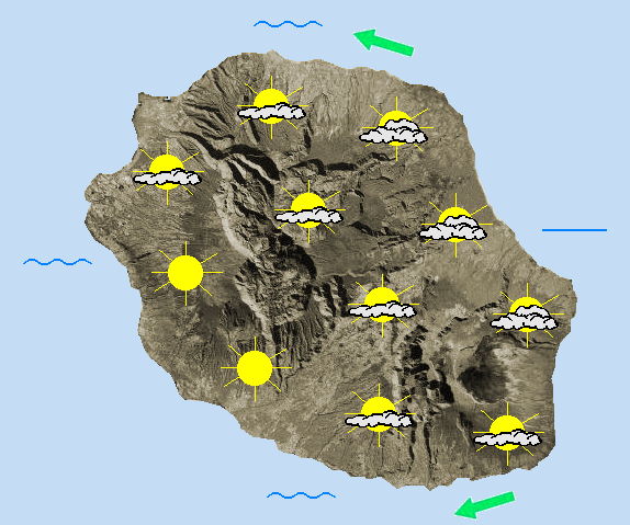 JOURNEE DU JEUDI 21  Alizé s'orientant au Nord-Est en journée dans une masse d'air plutôt sèche en journée.  Au lever du jour, le temps est plutôt clément sur la majeure partie du département, même si quelques nuages accompagnés de petites gouttes se manifestent encore sur la façade Est. En matinée, les premiers nuages commencent à se former le long des pentes, tandis que le littoral Est retrouve rapidement un bon ensoleillement. Au fil des heures, la couverture nuageuse se densifie dans l'intérieur laissant les plus hauts sommets dégagés. L'après midi, les nuages finissent par déborder sur les régions du Sud-Ouest, des Avirons à la Petite Ile. De rares farines sont alors possibles dans les hauts, du côté des Makes. Ailleurs, la bande littorale ainsi que le cœur des cirques bénéficient de larges et belles éclaircies. En soirée et début de nuit prochaine, un temps sec et étoilé ravira sportives et sportifs au départ de la Diagonale ainsi que sur les pentes du volcan. Les températures maximales atteignent 26 à 28°C sur le littoral, 22°C dans les cirques et 16°C au volcan et au Maïdo. Le vent de Nord-Est souffle modérément sur les côtes exposées avec des pointes proches de 50 km/h vers Saint-Philippe et dans la région du Port. Partout ailleurs, les brises dominent. La mer est peu agitée à agitée. La houle australe s'amortit progressivement et la houle d'alizé se maintient autour de 1 mètre 50.