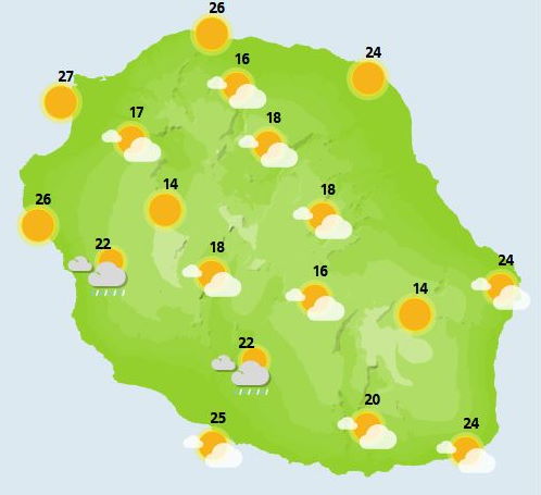 Météo ILES SOEURS: prévisions pour ce Jeudi 21 Octobre pour MAURICE/RÉUNION + tendances et cartes pour ce weekend