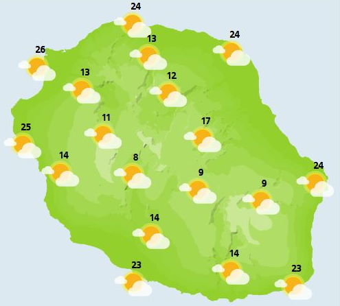 SAMEDI 23  En début de journée, le temps risque d'être encore arrosé sur la moitié Nord. Ailleurs, malgré les nombreux nuages élevés, le soleil finit par s'imposer. Mais au fil des heures, la couverture nuageuse s'intensifie et le temps demeure lourd avec de probables averses dans les hauts mais aussi sur le littoral Nord qui demeure le plus exposé. Un scénario qui pourrait malheureusement contrarié les raiders. Les températures demeurent au dessus des normales. Peu de changement côté mer.