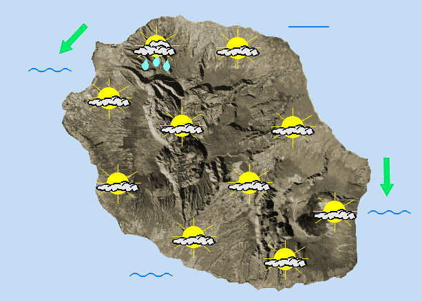 JOURNEE DU VENDREDI 22  Flux de Nord-Est  dans une masse d'air un peu plus humide.    Les nuages venant de la mer apportent quelques gouttes de pluies sur le littoral de Sainte Marie au cours de la matinée. Même si les nuages rentrent bien dans l'intérieur,  le temps reste sec et les températures montent un peu moins vite que la veille. Puis en deuxième partie de matinée, les nuages s'emparent de l'intérieur de l'île laissant peu de place au soleil. Malgré tout le ciel des plages garde de belles embellies et quelques éclaircies  viennent encourager les sportifs présents dans Mafate ce matin. Pour les coureurs de de la Diagonale des fous et le relais Zembrocal, la fraicheur du matin se combine à une couverture nuageuse. L'après-midi, les nuages se font plus menaçants et quelques averses se déclenchent sur les pentes du Sud-Ouest du côté du Tampon et du Dimitile. laissant hors de portée le cirque de Cilaos et de Mafate. Pour Salazie quelques gouttes sont possibles à l'entrée du Cirque mais Hell Bourg devrait être épargné.  Les températures maximales atteignent 26 à 28°C sur le littoral, 22 à 24°C dans les cirques et 20 à 22°C au volcan et au Maïdo. Le vent de Nord-Est souffle modérément sur les côtes exposées avec des pointes proches de 50 à 60 km/h vers Saint-Philippe et de la Grande Chaloupe à la Pointe des Aigrettes. Partout ailleurs, les brises dominent. La mer est peu agitée à agitée. La houle australe s'amortit progressivement et la houle d'alizé se maintient autour de 1 mètre 50.