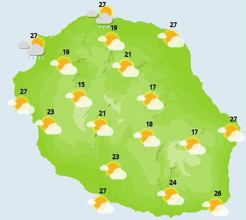 SAMEDI 23  Au lever du jour, des entrées maritimes peuvent venir s'échouer entre la Possession et Sainte Suzanne en passant par le le Chemin des Anglais et le Colorado. Plus au sud quelques nuages élevés masquent par endroit le bleu du ciel mais le temps reste sec. Les plus hauts sommets sont dégagés.    L'après-midi, les nuages deviennent plus nombreux dans l'intérieur avec des averses sur le relief, principalement sur la moitié Sud entre Saint Leu et la Pointe de la Table en passant par le Tampon et Cilaos,  sur ces régions, ces précipitations peuvent finir leur courses sur le bord de mer. Dans Mafate et Salazie, ces averses devraient se montrer plus marginales. En soirée et dans la nuit les averses disparaissent.  Le vent de secteur Nord-Est est modéré avec des rafales  de 50 à 60 km/h le long des côtes Nord-Est et vers la Pointe de la Table.le vent est faible ailleurs  La mer demeure peu agitée à agitée avec une petite houle de sud-sud-ouest voisine de 1 mètre 50.