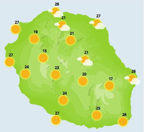 DIMANCHE 24  Au lever du jour, il faut compter sur des entrées maritimes sur la façade Est,  de Sainte Rose à la Grand Chaloupe en passant par le Colorado. Ailleurs, le début de journée se montre clément. Au fil de la matinée les nuages commencent à s'agripper au relief. L'après-midi le ciel devient menaçant dans l'intérieur avec des averses. Ces dernières sont principalement localisées sur le Nord-Ouest de l'ile, entre Saint Denis et la Possession en passant par le Colorado, les hauts de la Possession et Mafate. Les plus hauts sommets s'ennuagent également. Les températures demeurent au dessus des normales. Le vent de secteur Nord-Est est modéré avec des rafales  de 50 à 60 km/h le long des côtes Nord-Est et vers la Pointe de la Table. le vent est faible ailleurs La mer demeure peu agitée à agitée avec une petite houle de sud-sud-ouest voisine de 1 mètre 50.