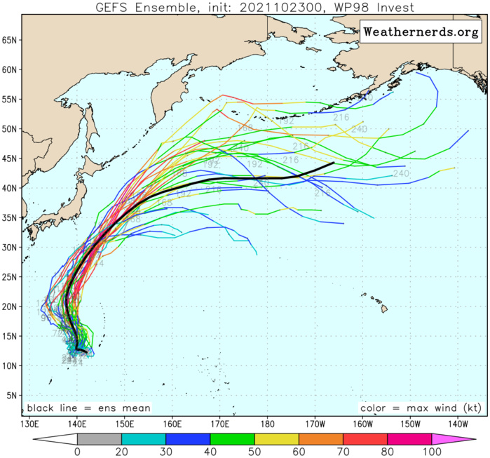 AN AREA OF CONVECTION (INVEST 98W) HAS PERSISTED NEAR 9.6N  143.8E, APPROXIMATELY 415 KM SOUTH-SOUTHWEST OF GUAM. ANIMATED  ENHANCED INFRARED SATELLITE IMAGERY DEPICTS A BROAD LOW-LEVEL  CIRCULATION (LLC) WITH FLARING, DISORGANIZED CONVECTION OVER THE  SOUTH AND EAST QUADRANTS. A 220635Z SSMIS 91GHZ MICROWAVE IMAGE  REVEALS A WEAKLY-DEFINED LLC. A 221034Z ASCAT-A IMAGE SHOWS A BROAD  CIRCULATION WITH 05-15 KNOT WINDS SURROUNDING A WEAK CORE. UPPER- LEVEL ANALYSIS INDICATES A MARGINALLY FAVORABLE ENVIRONMENT WITH  WEAK EQUATORWARD OUTFLOW AND LOW VERTICAL WIND SHEAR. SEA SURFACE  TEMPERATURES OF 30C ARE CONDUCIVE FOR FURTHER DEVELOPMENT. GLOBAL  MODELS INDICATE THIS DISTURBANCE WILL GRADUALLY DEVELOP AS IT TRACKS  NORTHWESTWARD OVER THE NEXT TWO DAYS WITH MORE SIGNIFICANT  DEVELOPMENT ANTICIPATED WEST OF GUAM. MAXIMUM SUSTAINED SURFACE  WINDS ARE ESTIMATED AT 10 TO 15 KNOTS. MINIMUM SEA LEVEL PRESSURE IS  ESTIMATED TO BE NEAR 1008 MB. THE POTENTIAL FOR THE DEVELOPMENT OF A  SIGNIFICANT TROPICAL CYCLONE WITHIN THE NEXT 24 HOURS IS LOW. AN AREA OF CONVECTION (INVEST 98W) HAS PERSISTED NEAR 9.6N  143.8E, APPROXIMATELY 415 KM SOUTH-SOUTHWEST OF GUAM. ANIMATED  ENHANCED INFRARED SATELLITE IMAGERY DEPICTS A BROAD LOW-LEVEL  CIRCULATION (LLC) WITH FLARING, DISORGANIZED CONVECTION OVER THE  SOUTH AND EAST QUADRANTS. A 220635Z SSMIS 91GHZ MICROWAVE IMAGE  REVEALS A WEAKLY-DEFINED LLC. A 221034Z ASCAT-A IMAGE SHOWS A BROAD  CIRCULATION WITH 05-15 KNOT WINDS SURROUNDING A WEAK CORE. UPPER- LEVEL ANALYSIS INDICATES A MARGINALLY FAVORABLE ENVIRONMENT WITH  WEAK EQUATORWARD OUTFLOW AND LOW VERTICAL WIND SHEAR. SEA SURFACE  TEMPERATURES OF 30C ARE CONDUCIVE FOR FURTHER DEVELOPMENT. GLOBAL  MODELS INDICATE THIS DISTURBANCE WILL GRADUALLY DEVELOP AS IT TRACKS  NORTHWESTWARD OVER THE NEXT TWO DAYS WITH MORE SIGNIFICANT  DEVELOPMENT ANTICIPATED WEST OF GUAM. MAXIMUM SUSTAINED SURFACE  WINDS ARE ESTIMATED AT 10 TO 15 KNOTS. MINIMUM SEA LEVEL PRESSURE IS  ESTIMATED TO BE NEAR 1008 MB. THE POTENTIAL FOR THE DEVELOPMENT OF A  SIGNIFICANT TROPICAL CYCLONE WITHIN THE NEXT 24 HOURS IS LOW.