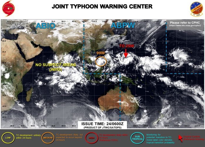JTWC IS ISSUING 6HOURLY WARNINGS AND 3HOURLY SATELLITE BULLETINS ON TD 25W. INVEST 99W HAS BEEN UP-GRADED TO MEDIUM AT 24/06UTC. JTWC IS ISSUING 6HOURLY WARNINGS AND 3HOURLY SATELLITE BULLETINS ON TD 25W. INVEST 99W HAS BEEN UP-GRADED TO MEDIUM AT 24/06UTC.