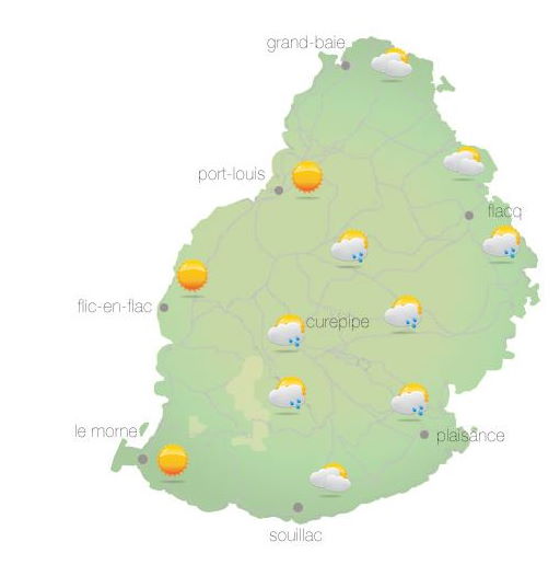 Bulletin prévision - Maurice  COMMUNIQUÉ DE LA MÉTÉO POUR MAURICE ÉMIS À 04H30 CE LUNDI 25  OCTOBRE 2021.     SITUATION GÉNÉRALE:  Quelques nuages venant de l'Est influenceront le temps local au cours de la journée.  PRÉVISIONS POUR LES PROCHAINES 24 HEURES: Ciel mi-couvert ce matin et au cours de la journée, devenant parfois nuageux à l'Est, au Sud et sur le Plateau Central avec quelques ondées.  La température maximale variera entre 23 et 25 degrés Celsius sur le plateau central et entre 28 et 30 degrés Celsius sur les régions côtières.  Il y aura des périodes nuageuses durant la nuit avec des ondées principalement sur la partie Est de l'île et sur le Plateau Central.  La température minimale variera entre 17 et 19 degrés Celsius sur les hauteurs et entre 21 et 23 degrés Celsius sur le littoral.  Vent du secteur Est, soufflant à environ 25 km/h avec des pointes atteignant 50 km/h aux endroits exposés.  Mer agitée au-delà des récifs avec des houles du Sud-Ouest de l'ordre de 2 mètres.      Marées Hautes : 14h14 et demain 03h11. Marées Basses : 08h07 et 20h38.     Lever du soleil     : 05h31.  Coucher du soleil : 18h16.     La pression atmosphérique à 04h00 : 1022 hectoPascals.