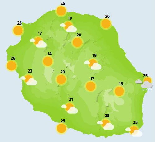 MARDI 26  Régime d'alizé avec schéma classique pour cette journée: un peu de pluie faible le matin sur l'Est puis place au soleil sur toute l'île. A la mi-journée, la couverture nuageuse se densifie dans l'intérieur et finit par déborder l'après midi sur l'Ouest où quelques averses faibles se produisent le long des pentes. Les sommets profitent d'un bon ensoleillement. Les températures sont en baisse. L'alizé se renforce et souffle en rafales de 50 à 60 km/h le long des côtes nord et sud. La mer est peu agitée dans l'Ouest, agitée ailleurs. La houle d'alizé varie entre 1.5 et 2 mètres.