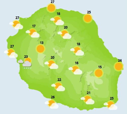 ILES SOEURS: cartes+prévisions du temps pour MAURICE/RÉUNION pour ce Lundi 25 Octobre 2021, tendances semaine 