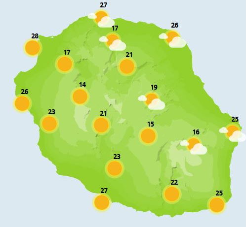 MERCREDI 27  Même temps que la veille dans les grandes lignes: soleil majoritaire le matin malgré quelques petites grisailles sur l'Est, un peu plus de nuages sur l'Ouest et le relief l'après-midi. Les averses du début de journée sur le littoral Est réapparaissent l'après-midi sur les pentes de l'Ouest. De leur coté, les sommets bénéficient d'un soleil radieux. Les températures maximales plafonnent à 28°C. L'alizé tient ses promesses avec des pointes à 50 km/h au nord et au sud. La mer est peu agitée à agitée. La houle d'alizé voisine de 2 mètres s'amortit lentement.