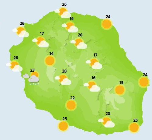 ILES SOEURS: cartes+prévisions du temps pour MAURICE/RÉUNION pour ce Lundi 25 Octobre 2021, tendances semaine 