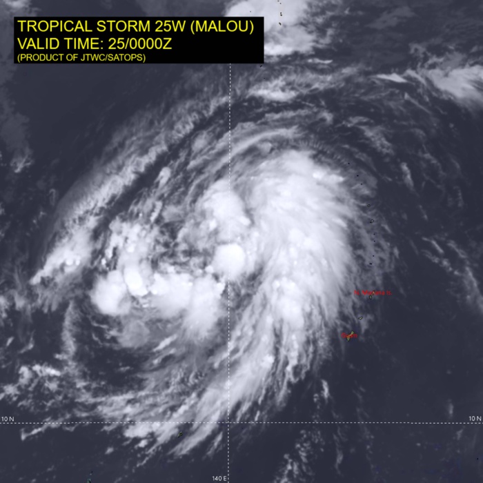 SATELLITE ANALYSIS, INITIAL POSITION AND INTENSITY DISCUSSION: ANIMATED MULTISPECTRAL SATELLITE IMAGERY (MSI) DEPICTS FORMATIVE BANDING WITH LARGE AREAS OF DEEP SUSTAINED CONVECTION REMAINING WEST AND NORTHEAST OF THE PARTIALLY EXPOSED LOW LEVEL CIRCULATION CENTER. THE INITIAL POSITION IS PLACED WITH HIGH CONFIDENCE BASED UPON MULTIPLE AGENCY FIXES AND EXTRAPOLATION FROM A BULLSEYE 242226Z ASCAT-A PASS INDICATING MAXIMUM WINDS OF 25-30 KNOTS. THE INITIAL INTENSITY IS HEDGED SLIGHTLY HIGHER THAN MULTIPLE AGENCY DVORAK ESTIMATES AND SLIGHTLY LOWER THAN THE ADVANCED DVORAK TECHNIQUE. ENVIRONMENTAL CONDITIONS REMAIN FAVORABLE WITH MODERATE POLEWARD AND EQUATORWARD OUTFLOW, LOW VERTICAL WIND SHEAR, AND WARM (29-30C) SEA SURFACE TEMPERATURES. SATELLITE ANALYSIS, INITIAL POSITION AND INTENSITY DISCUSSION: ANIMATED MULTISPECTRAL SATELLITE IMAGERY (MSI) DEPICTS FORMATIVE BANDING WITH LARGE AREAS OF DEEP SUSTAINED CONVECTION REMAINING WEST AND NORTHEAST OF THE PARTIALLY EXPOSED LOW LEVEL CIRCULATION CENTER. THE INITIAL POSITION IS PLACED WITH HIGH CONFIDENCE BASED UPON MULTIPLE AGENCY FIXES AND EXTRAPOLATION FROM A BULLSEYE 242226Z ASCAT-A PASS INDICATING MAXIMUM WINDS OF 25-30 KNOTS. THE INITIAL INTENSITY IS HEDGED SLIGHTLY HIGHER THAN MULTIPLE AGENCY DVORAK ESTIMATES AND SLIGHTLY LOWER THAN THE ADVANCED DVORAK TECHNIQUE. ENVIRONMENTAL CONDITIONS REMAIN FAVORABLE WITH MODERATE POLEWARD AND EQUATORWARD OUTFLOW, LOW VERTICAL WIND SHEAR, AND WARM (29-30C) SEA SURFACE TEMPERATURES.