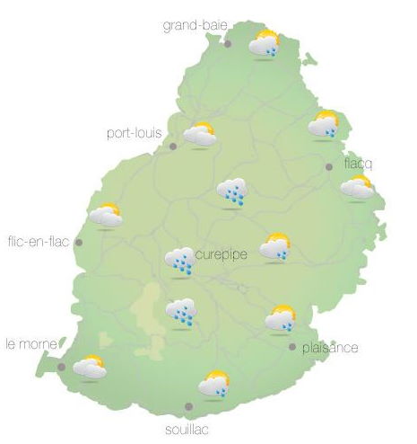 Bulletin prévision - Maurice  COMMUNIQUÉ DE LA MÉTÉO POUR MAURICE ÉMIS À 04H30 CE MARDI 26  OCTOBRE 2021.     SITUATION GÉNÉRALE:   Des nuages venant de l'Est influencent le temps local ce matin. D'autre part, un vent modéré souffle sur notre région.    PRÉVISIONS POUR LES PROCHAINES 24 HEURES:    Nuageux ce matin avec des ondées surtout sur la partie Est et sur les hauteurs. Beau temps dans l'après-midi.  La température maximale variera entre 23 et 25 degrés Celsius sur le plateau central et entre 28 et 30 degrés Celsius sur les régions côtières.  Ciel mi-couvert durant la nuit.  La température minimale variera entre 17 et 19 degrés Celsius sur les hauteurs et entre 21 et 23 degrés Celsius sur le littoral.  Vent de l'Est d'environ 25 km/h avec des pointes atteignant 50 km/h aux endroits exposés.  Mer agitée au-delà des récifs avec des vagues de l'ordre de 2 mètres.      Marées Hautes : 14h34 et demain 03h48. Marées Basses : 08h11 et 21h09.     Lever du soleil     : 05h31.  Coucher du soleil : 18h16.     La pression atmosphérique à 04h00 : 1021 hectoPascals.