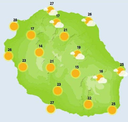 MERCREDI 27  Belle matinée ensoleillée sur l'ensemble du département. L'après midi, les nuages finissent par prendre le dessus dans les hauts mais les averses sont rares. De leurs cotés, les franges côtières et les principaux sommets bénéficient d'un soleil radieux. Les températures maximales plafonnent à 28°C. L'alizé perd un peu en intensité et plafonne à 50 km/h en rafales sur les côtes exposées du Nord et du Sud. La mer est peu agitée à agitée. La houle d'alizé voisine de 2 mètres s'amortit lentement et une petite houle de Sud-Ouest est perceptible autour de Saint Pierre.