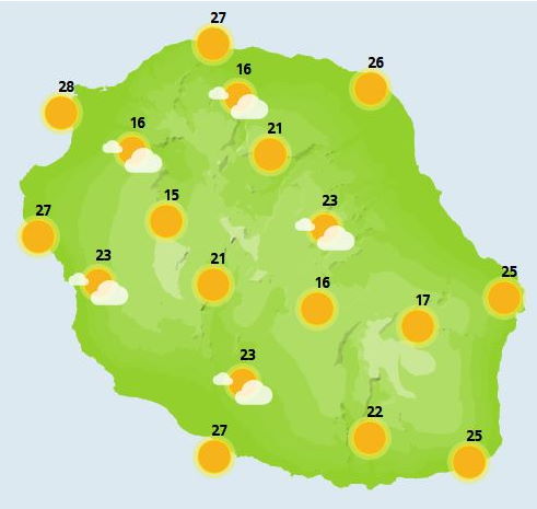 JEUDI 28  Le soleil domine à nouveau en matinée. Par contre, le temps devient plus chaud et moite en cours de journée même si les ondées sont encore rares sous la couverture nuageuse de l'après midi. Les façades Ouest et Est gardent les plus larges éclaircies, ventées par un vent de Nord-Nord-Est qui atteint 55 km/h en rafales. La mer est peu agitée à agitée au vent. La petite houle de Sud-Ouest s'amortit.