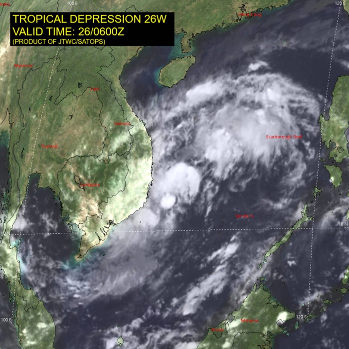 SATELLITE ANALYSIS, INITIAL POSITION AND INTENSITY DISCUSSION: TROPICAL DEPRESSION 26W HAS RAPIDLY CONSOLIDATED OVER THE PAST SIX HOURS, AND REACHED WARNING INTENSITY. ANIMATED MULTISPECTRAL SATELLITE IMAGERY (MSI) DEPICTS A WELL DEFINED LOW LEVEL CIRCULATION CENTER (LLCC), WITH SHALLOW TO MID-LEVEL CONVECTIVE BANDING WRAPPING INTO THE LLCC. OVER THE PAST COUPLE OF HOURS, CONVECTION HAS BEGUN TO FLARE OVER THE ASSESSED CENTER, THOUGH THE OVERALL CONVECTIVE STRUCTURE REMAINS FAIRLY DISORGANIZED. THE INITIAL POSITION IS ASSESSED WITH HIGH CONFIDENCE BASED ON THE PARTIALLY EXPOSED LLCC, SPIRAL BAND ANALYSIS AND THE FIRST HINTS OF A THE WESTERN SIDE OF THE LLCC ON AN ANIMATED RADAR MOSAIC FROM VIETNAM. THE INITIAL INTENSITY OF 25 KNOTS IS ASSESSED WITH HIGH CONFIDENCE BASED ON A PGTW AND KNES DVORAK CURRENT INTENSITY ESTIMATE OF T1.5, A 260245Z ASCAT-B SCATTEROMETER PASS SHOWED A SWATH OF NORTH-SOUTH WINDS OVER 30 KNOTS TRAPPED BETWEEN THE VIETNAMESE COAST AND THE CENTER, WITH 20-25 KNOTS WRAPPING INTO THE CENTER ON THE SOUTH AND EASTERN SIDES. A 260600Z SHIP OBSERVATION APPROXIMATELY 40-KM SOUTHWEST OF THE CENTER INDICATED A 27 KNOT WIND, PROVIDING ADDITIONAL SUPPORT TO THE INTENSITY. THE ENVIRONMENT IS FAVORABLE FOR DEVELOPMENT, WITH LOW VWS, MODERATE POLEWARD AND EQUATORWARD OUTFLOW AND WARM SSTS. SATELLITE ANALYSIS, INITIAL POSITION AND INTENSITY DISCUSSION: TROPICAL DEPRESSION 26W HAS RAPIDLY CONSOLIDATED OVER THE PAST SIX HOURS, AND REACHED WARNING INTENSITY. ANIMATED MULTISPECTRAL SATELLITE IMAGERY (MSI) DEPICTS A WELL DEFINED LOW LEVEL CIRCULATION CENTER (LLCC), WITH SHALLOW TO MID-LEVEL CONVECTIVE BANDING WRAPPING INTO THE LLCC. OVER THE PAST COUPLE OF HOURS, CONVECTION HAS BEGUN TO FLARE OVER THE ASSESSED CENTER, THOUGH THE OVERALL CONVECTIVE STRUCTURE REMAINS FAIRLY DISORGANIZED. THE INITIAL POSITION IS ASSESSED WITH HIGH CONFIDENCE BASED ON THE PARTIALLY EXPOSED LLCC, SPIRAL BAND ANALYSIS AND THE FIRST HINTS OF A THE WESTERN SIDE OF THE LLCC ON AN ANIMATED RADAR MOSAIC FROM VIETNAM. THE INITIAL INTENSITY OF 25 KNOTS IS ASSESSED WITH HIGH CONFIDENCE BASED ON A PGTW AND KNES DVORAK CURRENT INTENSITY ESTIMATE OF T1.5, A 260245Z ASCAT-B SCATTEROMETER PASS SHOWED A SWATH OF NORTH-SOUTH WINDS OVER 30 KNOTS TRAPPED BETWEEN THE VIETNAMESE COAST AND THE CENTER, WITH 20-25 KNOTS WRAPPING INTO THE CENTER ON THE SOUTH AND EASTERN SIDES. A 260600Z SHIP OBSERVATION APPROXIMATELY 40-KM SOUTHWEST OF THE CENTER INDICATED A 27 KNOT WIND, PROVIDING ADDITIONAL SUPPORT TO THE INTENSITY. THE ENVIRONMENT IS FAVORABLE FOR DEVELOPMENT, WITH LOW VWS, MODERATE POLEWARD AND EQUATORWARD OUTFLOW AND WARM SSTS.