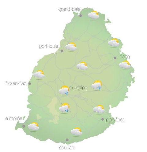 Bulletin prévision - Maurice  COMMUNIQUÉ DE LA MÉTÉO POUR MAURICE ÉMIS À 04H30 MERCREDI 27 OCTOBRE 2021.  SITUATION GÉNÉRALE:   Notre région demeure sous l'influence d'un courant d'air modéré.  PRÉVISIONS POUR LES PROCHAINES 24 HEURES:   Hormis quelques ondées isolées tôt le matin, il fera beau en général durant la journée.  La température maximale variera entre 23 et 25 degrés Celsius sur le plateau central et entre 28 et 31 degrés Celsius sur le littoral.  Ce beau temps persistera durant la nuit, malgré quelques ondées isolées sur les terrains élevés.   La température minimale variera entre 17 et 19 degrés Celsius sur les hauteurs et entre 20 et 22 degrés Celsius sur le littoral.  Vent du secteur Est, soufflant à environ 25 km/h avec des rafales atteignant parfois les 50 km/h, aux endroits exposés.  Mer agitée au-delà des récifs avec des vagues de l'ordre de 2 mètres.   Marées Hautes : 14h51 et demain 14h02. Marées Basses : 07h46 et 21h53.     Lever du soleil     : 05h30.  Coucher du soleil : 18h17.     La pression atmosphérique à 04h00 : 1020 hectoPascals.