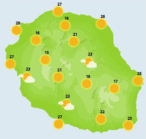 JEUDI 28  Très belle journée chaude et sèche. Il faudra bien en profiter. Activités de plein air recommandées notamment en montagne avec des sommets et des Cirques bien dégagés. Les nuages se concentrent l'après-midi dans le sud sans précipitations. Le vent de Nord est soutenu sur Saint-Gilles, La Possession, Saint-Paul, mais aussi vent Sainte-Rose les rafales atteignent 60 km/h. Mer encore relativement calme malgré le vent. Les températures restent chaudes pour la saison.  VENDREDI 29  Changement radical de temps, un front actif venant de l'ouest traverse la Réunion de part en part en matinée en donnant de bonnes pluies, surtout dans le nord et l'ouest. Orages non exclus en début d'épisode. L'après-midi, le ciel reste couvert mais les pluies se sont atténuées. Le vent de Nord en début de journée passe au Nord-Ouest l'après-midi puis Ouest en soirée. Fortes rafales à prévoir au passage du front le matin, 70 à 80 km/h en cas d'orages. Températures forcément en baisse la journée sous ce temps humide. Arrivée d'une houle australe entre 2 m et 2 m 50 l'après-midi s'amplifiant la nuit suivante et samedi.                                                              JEUDI 28  Très belle journée chaude et sèche. Il faudra bien en profiter. Activités de plein air recommandées notamment en montagne avec des sommets et des Cirques bien dégagés. Les nuages se concentrent l'après-midi dans le sud sans précipitations. Le vent de Nord est soutenu sur Saint-Gilles, La Possession, Saint-Paul, mais aussi vent Sainte-Rose les rafales atteignent 60 km/h. Mer encore relativement calme malgré le vent. Les températures restent chaudes pour la saison.  VENDREDI 29  Changement radical de temps, un front actif venant de l'ouest traverse la Réunion de part en part en matinée en donnant de bonnes pluies, surtout dans le nord et l'ouest. Orages non exclus en début d'épisode. L'après-midi, le ciel reste couvert mais les pluies se sont atténuées. Le vent de Nord en début de journée passe au Nord-Ouest l'après-midi puis Ouest en soirée. Fortes rafales à prévoir au passage du front le matin, 70 à 80 km/h en cas d'orages. Températures forcément en baisse la journée sous ce temps humide. Arrivée d'une houle australe entre 2 m et 2 m 50 l'après-midi s'amplifiant la nuit suivante et samedi.                                                 JEUDI 28  Très belle journée chaude et sèche. Il faudra bien en profiter. Activités de plein air recommandées notamment en montagne avec des sommets et des Cirques bien dégagés. Les nuages se concentrent l'après-midi dans le sud sans précipitations. Le vent de Nord est soutenu sur Saint-Gilles, La Possession, Saint-Paul, mais aussi vent Sainte-Rose les rafales atteignent 60 km/h. Mer encore relativement calme malgré le vent. Les températures restent chaudes pour la saison.  VENDREDI 29  Changement radical de temps, un front actif venant de l'ouest traverse la Réunion de part en part en matinée en donnant de bonnes pluies, surtout dans le nord et l'ouest. Orages non exclus en début d'épisode. L'après-midi, le ciel reste couvert mais les pluies se sont atténuées. Le vent de Nord en début de journée passe au Nord-Ouest l'après-midi puis Ouest en soirée. Fortes rafales à prévoir au passage du front le matin, 70 à 80 km/h en cas d'orages. Températures forcément en baisse la journée sous ce temps humide. Arrivée d'une houle australe entre 2 m et 2 m 50 l'après-midi s'amplifiant la nuit suivante et samedi.