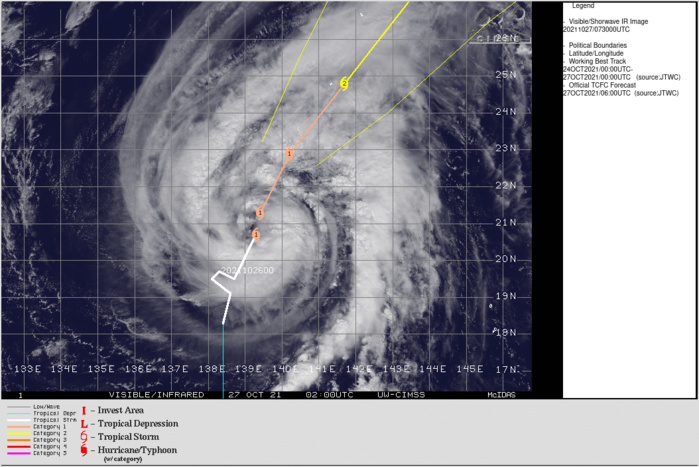 SATELLITE ANALYSIS, INITIAL POSITION AND INTENSITY DISCUSSION: ANIMATED MULTISPECTRAL SATELLITE IMAGERY (MSI) ANALYSIS REVEALS THAT TY 25W IS UNDERGOING A FAIRLY RAPID CONSOLIDATION PHASE, WITH DEEP CONVECTION FLARING AND WRAPPING INTO A RAGGED EYE FEATURE. WHILE THE EYE IN THE VISIBLE AND INFRARED IMAGERY IS RAGGED AND DISORGANIZED, A 270620Z GMI 37GHZ MICROWAVE IMAGE SHOWED A VERY WELL-DEFINED MICROWAVE EYE WITH DEEP CONVECTION FORMING A SOLID EYEWALL COMPLETELY ENCLOSING THE MICROWAVE EYE. ADDITIONALLY, AND SOMEWHAT OMINOUSLY, THE 37GHZ COLOR COMPOSITE IMAGE REVEALED A CLASSIC CYAN RING FEATURE, WHICH SUGGESTS THE POSSIBILITY OF NEAR-TERM RAPID INTENSIFICATION. THE INITIAL POSITION IS PLACED WITH HIGH CONFIDENCE BASED ON THE AFOREMENTIONED MICROWAVE IMAGE. THE INITIAL INTENSITY OF 65 KNOTS IS ASSESSED WITH HIGH CONFIDENCE, IN LINE WITH THE MAJORITY OF THE AGENCY FIXES AND THE SATCON ESTIMATE. THE ADT HAS YET TO PICK UP ON THE EYE FEATURE AND IS USING THE CURVED BAND METHOD, AND THUS IS SIGNIFICANTLY LOWER THAN ALL OTHER ESTIMATES AND IS DISCOUNTED. ANALYSIS REVEALS A FAVORABLE ENVIRONMENT, WITH WARM SSTS, LOW VWS AND ROBUST POLEWARD OUTFLOW INTO THE RIGHT ENTRANCE REGION OF A 150 KNOT JET MAX EAST OF HOKKAIDO. WHILE THE SYSTEM IS COCOONED WITHIN AN AREA OF RELATIVELY DRIER AIR, IT APPEARS TO NO LONGER BE ENTRAINING THIS DRY AIR INTO THE CORE, ALLOWING FOR THE CORE TO CONSOLIDATE.