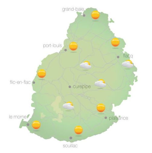 Bulletin prévision - Maurice  COMMUNIQUÉ DE LA MÉTÉO POUR MAURICE ÉMIS À 04H30 JEUDI 28 OCTOBRE 2021.     SITUATION GÉNÉRALE:  Un vent léger à modéré du Nord-Est souffle sur notre région.     PRÉVISIONS POUR LES PROCHAINES 24 HEURES:  Beau temps ce matin et au cours de la journée.     Toutefois en fin d'après-midi, quelques développements nuageux temporaires sont prévus au Sud.     La température maximale sera supérieure à la moyenne et variera entre 24 et 27 degrés Celsius sur le plateau central et entre 29 et 31 degrés Celsius sur le littoral.     Le temps restera beau durant la nuit.     La température minimale variera entre 16 et 19 degrés Celsius sur les hauteurs et entre 21 et 23 degrés Celsius sur le littoral.     Vent du Nord-Est de 10 à 20 km/h, s'orientant graduellement vers le Nord dans la soirée.     Mer agitée au-delà des récifs avec des houles du Sud-Ouest de l'ordre de 2 mètres.     Information Supplementaire: Une zone d'instabilité s'approche de l'ile par le Sud-Ouest et influencera le temps local demain.     Marées Hautes : 14h02 et Demain 10h47 .  Marées Basses : Demain 00h19 et 16h27.     Lever du soleil     : 05h29.  Coucher du soleil : 18h17.     La pression atmosphérique à 04h00 : 1014 hectoPascals.