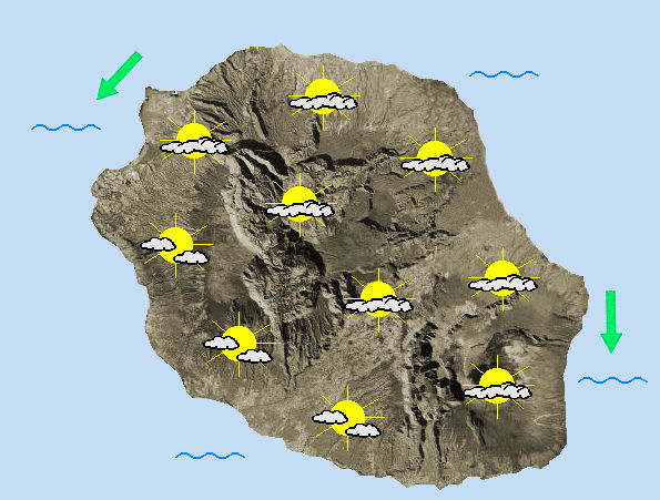 JOURNEE DU JEUDI 28  Belle journée.  On démarre la journée sereinement, il fait beau sur une majeure partie du département, excepté de Saint-Denis à Saint-Benoit, où une couche nuageuse assez compacte peut donner par endroit quelques gouttes. Ce temps nuageux dans le nord et l'est se poursuit une bonne partie de la matinée avant que les éclaircies viennent à s'élargir en bord de mer. Dans l'après-midi, la situation s'inverse, les nuages occupent majoritairement le sud de l'île, il fait très beau ailleurs, tandis que quelques nuages élevés arrivent, annonçant la dégradation pluvieuse de la nuit prochaine. Les températures un peu fraîches ce matin, retrouvent rapidement des couleurs avec une bonne chaleur cet après-midi, 28 à 30 degrés en bord de mer. Le vent de Nord se fait surtout remarqué du côté des plages, 50 à 60 km/h de Saint-Gilles à l'Etang Salé, un peu moins vers Saint-André. L'état de la mer est stable, 2 petites houles de Sud-Ouest et d'Est donnent une mer agitée sur l'île.