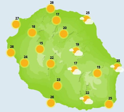 ILES SOEURS: journée du Jeudi 28 au soleil puis dégradation pluvio-orageuse pour la RÉUNION puis MAURICE, cartes détaillées et tendances weekend
