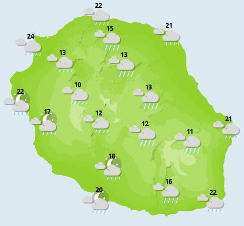 ILES SOEURS: journée du Jeudi 28 au soleil puis dégradation pluvio-orageuse pour la RÉUNION puis MAURICE, cartes détaillées et tendances weekend