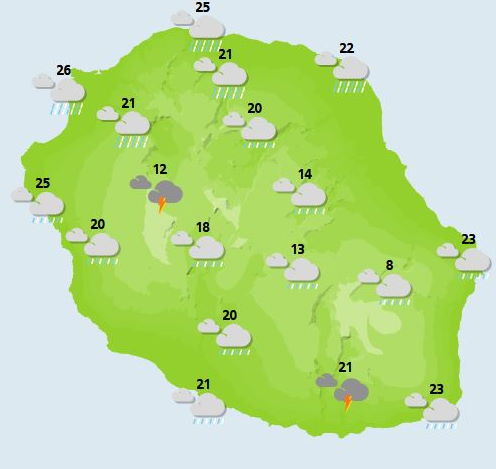 VENDREDI 29  Ciel couvert, pluies et parfois orages pour cette journée. En cours de nuit de Jeudi à Vendredi, une masse nuageuse humide et instable, a envahi notre département. Ainsi, dès les premières lueurs matinales, nuages et pluies sont au rendez-vous, ainsi qu'une bonne probabilité d'orages, un peu partout, en matinée et début d'après-midi. Il faudra attendre la nuit, pour qu'une amélioration se fasse sentir. Ce temps humide s'accompagne d'une baisse des températures, avec 24 à 26°C le long du littoral, 20°C dans les Cirques. Le vent de secteur Nord-Ouest avec des rafales, s'oriente graduellement au secteur Ouest en soirée. Des rafales, également,  entre 50 et 60 km/h dans les hauts, qui peuvent même atteindre, 60 à 70 km/h sous orages. La mer est forte sur le sud du département, avec la houle australe de Sud-Ouest, qui s'amplifie, entre 2 m 20 et 2 m 60 l'après-midi.  Ailleurs, la mer est agitée.