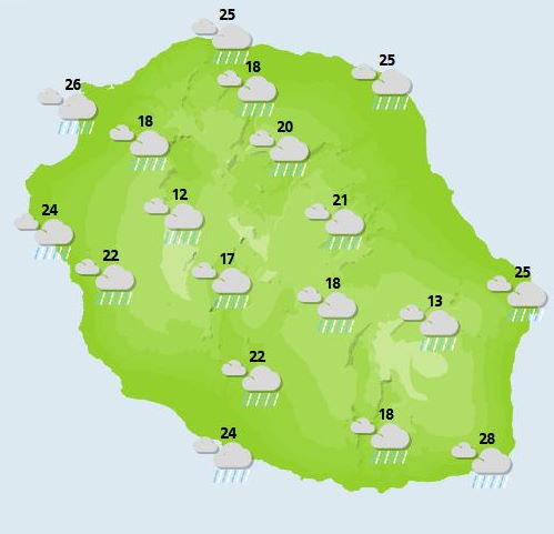 ILES SOEURS: journée du Jeudi 28 au soleil puis dégradation pluvio-orageuse pour la RÉUNION puis MAURICE, cartes détaillées et tendances weekend