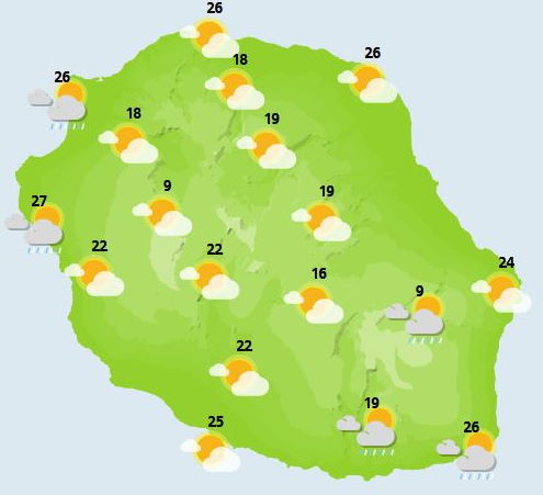 SAMEDI 30  Cette journée contraste avec celle de la veille. Sur l'ouest du département, du Port à La Montagne, des entrées maritimes marquées par des nuages et quelques petites farines ponctuent la matinée. Tandis que sur l'Est, de Bagatelle à la Plaine des Palmistes, jusqu'à Sainte-Rose, les nuages restent accrochés sur les contreforts, avec des averses qui se manifestent même par moment. Ailleurs, le soleil prédomine. Le littoral conserve le soleil, tout au long de la journée, ainsi que les  sommets situés au dessus de 2200 mètres. Avec le soleil qui revient, les températures remontent et atteignent 26 à 29°C le long du littoral, 24 à 26°C dans les Cirques, 21 à 23°C dans la Plaine des Palmistes.  Le vent d'Ouest modéré, souffle entre 20 et 30 km/h. Dans les hauts, il s'oriente Nord-Ouest et souffle entre 30 et 40 km/h. De la Ponte des Galets à la Pointe de la Table, la mer est encore forte au déferlement d'une houle australe supérieure à 2 mètres 50.