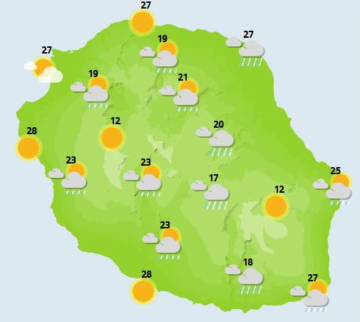 ILES SOEURS: journée du Jeudi 28 au soleil puis dégradation pluvio-orageuse pour la RÉUNION puis MAURICE, cartes détaillées et tendances weekend