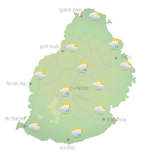 Bulletin prévision - Maurice  COMMUNIQUÉ DE LA MÉTÉO POUR MAURICE ÉMIS À 04H30 VENDREDI 29 OCTOBRE 2021.  SITUATION GÉNÉRALE:  Des nuages actifs associés à une zone d'instabilité s'approchent de notre région par le Sud-Ouest et influenceront le temps local à partir de ce matin.  PRÉVISIONS POUR LES PROCHAINES 24 HEURES: Mi-couvert tôt ce matin. Le ciel deviendra nuageux à couvert par la suite avec des averses éparses accompagnées d'orages. Les averses seront moderées à localement fortes par moments et pourraient occasionner des accumulations d'eau locales dans certains endroits. Des poches de brouillard sont prévues sur les terrains élevés.  La température maximale variera entre 23 et 25 degrés Celsius sur le plateau central et entre 27 et 29 degrés Celsius sur le littoral.  Les averses orageuses persisteront durant la nuit.  La température minimale variera entre 17 et 19 degrés Celsius sur les hauteurs et entre 21 et 23 degrés Celsius sur le littoral.  Le vent soufflera du secteur Nord d'environ 20 km/h, se renforçant sous les averses.  Mer agitée au-delà des récifs avec des houles du Sud-Ouest de l'ordre de 2 mètres, devenant temporairement forte sous les averses orageuses. Les sorties en mer sont déconseillées pendant les averses orageuses.  Conseils pratiques: 1. Eviter les endroits sujets aux accumulations d’eau. 2. Soyez prudent lors de vos déplacements, en tenant compte du fait que la visibilité peut être considérablement réduite dû à la présence de poches de brouillard et sous les fortes averses. 3. Restez à l’abri et évitez les plaines et les sorties en mer pendant les orages. Évitez d'utiliser le téléphone et ne vous abritez pas sous les arbres. Si vous êtes à la maison, débranchez les appareils électroménagers.   Marées Hautes : 10h47 et 19h39.  Marées Basses : 16h27 et demain 03h10.     Lever du soleil     : 05h29.  Coucher du soleil : 18h18.     La pression atmosphérique à 04h00 : 1011 hectoPascals.