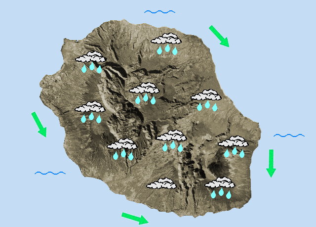 JOURNEE DU VENDREDI 29  Pluie et orages en vue.  Passage d'un front pluvio orageux. Après quelques passages d'averses cette nuit, la situation ne s'améliore pas, bien au contraire, Ces averses vont rapidement se renforcer et prendre localement un caractère orageux.  Ces averses ou grains concernent l'ensemble de l'île mais principalement l'Ouest, le Nord et l'Est de l'île, le sud étant quelque peu épargner, les précipitations devraient s y trouver moins soutenues. Ces averse donnent de bon cumul de précipitation, la prudence est de mise près des ravines et radiers. Il faudra se monter patient  et attendre l'après-midi pour voire ces précipitations s'estomper. Le vent de secteur Nord va s'orienter à l'Ouest avec des rafales autour de 50 à 60 km/h, en montagne de bonnes rafales sont également attendues. L'état de la mer se dégrade, elle devient forte dans l'ouest et le sud avec une houle australe voisine de 2 mètres au lever du jour qui s'amplifie rapidement pour atteindre 3 mètres l'après midi , de la pointe de Galets a la pointe de la Table.