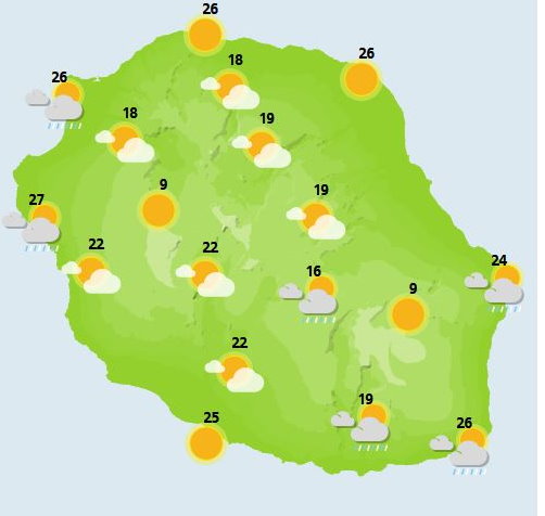 SAMEDI 30  Nette amélioration par rapport à la veille. Sur l'ouest du département, du Port à La Montagne, des petites entrées maritimes marquées par des nuages et quelques petites farines ponctuent la matinée. Tandis que sur l'Est, de Bagatelle à la Plaine des Palmistes, jusqu'à Sainte-Rose, les nuages restent accrochés sur les contreforts, avec des averses qui se manifestent principalement en journée. Ailleurs, le soleil prédomine. Le littoral conserve le soleil, tout au long de la journée, ainsi que les sommets situés au dessus de 1800 mètres. Avec le soleil qui revient, les températures remontent et atteignent 27 à 29°C le long du littoral, 23 à 24°C au Tampon, dans les Cirques, 22 à 23°C à Cilaos.  Le vent de secteur Ouest modéré, souffle entre 10 et 30 km/h. Dans les hauts, il s'oriente Nord-Ouest et souffle entre 30 et 40 km/h. La mer est forte sur le sud, avec, de la Pointe des Galets à la Pointe de la Table, une houle de Sud-Ouest de 2 mètres 50 qui s'atténue graduellement en fin de journée. Ailleurs la mer est agitée.