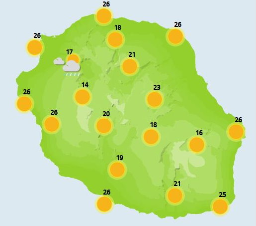 DIMANCHE 31  Quelques nuages traînent sur le nord du département, le long du littoral. En cours de matinée, les nuages se forment sur le relief nord-est de Sainte-Rose, à la Plaine des Palmistes et Saint-Benoit, puis débordent sur les hauteurs de Saint-André, et,  Sainte-Suzanne. Toutefois, au dessus de 1800 mètres, le soleil reprend ses droits. Les températures maximales atteignent 28°C à Saint-André, 29°C à Saint-Pierre, 20 à 22°C dans la Plaine des Palmistes. Le vent de dominante Sud faible, favorise en cours de journée, l'installation des brises de mer, tout le long du littoral, tandis que en altitude, vers 2000 mètres, un léger vent d'Ouest à Nord-Ouest souffle, en rafraichissant l'atmosphère. La mer de son coté, s'assagit. Elle devient agitée sur le sud, avec une petite houle de Sud, et belle à peu agitée, sur le nord de l'île.