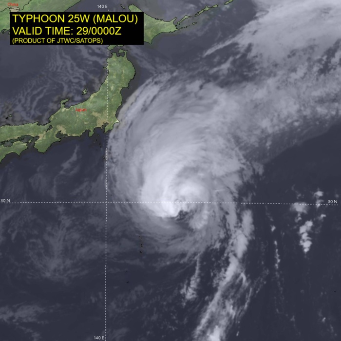 SATELLITE ANALYSIS, INITIAL POSITION AND INTENSITY DISCUSSION: ANIMATED MULTISPECTRAL SATELLITE IMAGERY (MSI) INDICATES THAT THE TYPHOON IS NOW IN THE EXTRATROPICAL TRANSITION STAGE, WITH THE INNER CORE QUICKLY APPROACHING A SHARPLY-DEFINED COLD FRONT JUST  TO THE NORTH. THE COOL, DRY MID-LATITUDE AIR MASS TO THE WEST CAN  NOW BE SEEN WRAPPING AROUND THE SOUTHERN SEMICIRCLE, DENOTED BY A  DECK OF STRATOCUMULUS IN THE SOUTHWEST QUADRANT OF THE  CIRCULATION. THE EYE STRUCTURE HAS COLLAPSED, AND A RAGGED AREA OF  MODERATE CONVECTION NOW OBSCURES THE LOW-LEVEL CENTER. A SYNTHETIC  APERTURE RADAR (SAR) PASS FROM 282021Z INDICATED THAT MAXIMUM  WINDS WERE AROUND 80 KT AT THE TIME, AND THE CURRENT INTENSITY IS  SET A LITTLE LOWER AT 75 KT DUE TO THE ONGOING DECAY IN SATELLITE  PRESENTATION.