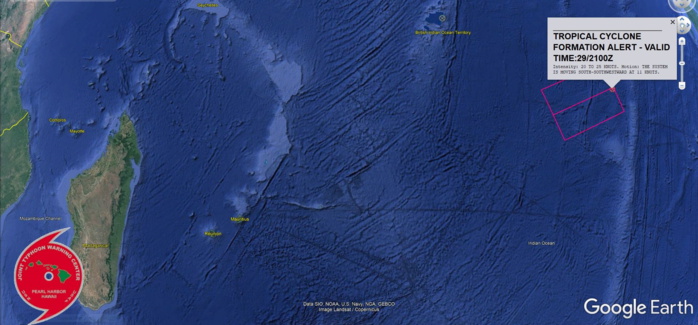 FORMATION OF A SIGNIFICANT TROPICAL CYCLONE IS POSSIBLE WITHIN 120 NM EITHER SIDE OF A LINE FROM 9.8S 86.7E TO 12.8S 80.9E WITHIN THE NEXT 12 TO 24 HOURS. AVAILABLE DATA DOES NOT JUSTIFY ISSUANCE OF NUMBERED TROPICAL CYCLONE WARNINGS AT THIS TIME. WINDS IN THE AREA ARE ESTIMATED TO BE 20 TO 25 KNOTS. METSAT IMAGERY AT 291810Z INDICATES THAT A CIRCULATION CENTER IS LOCATED NEAR 10.0S 86.6E. THE SYSTEM IS MOVING SOUTH-SOUTHWESTWARD AT 20KM/H. 2. REMARKS: THE AREA OF CONVECTION (INVEST 93S) PREVIOUSLY LOCATED NEAR 9.6S  86.9E IS NOW LOCATED NEAR 10.0S 86.6E, APPROXIMATELY 1575 KM EAST OF  DIEGO GARCIA. ANIMATED ENHANCED INFRARED (EIR) SATELLITE IMAGERY AND  A 291307Z SSMIS 91GHZ IMAGE REVEALS AN AREA OF DEEP CONVECTION  LOCATED SOUTHWEST OF AN ASSESSED LOW LEVEL CIRCULATION (LLC). A  PARTIAL 291604Z ASCAT METOP-B PASS SHOWS THE EAST SIDE OF THE  AFOREMENTIONED LLC WITH 20-25 KT WINDS LOCATED IN THE SOUTHERN  SEMICIRCLE. ENVIRONMENTAL ANALYSIS INDICATES INVEST 93S IS IN A  MARGINALLY FAVORABLE ENVIRONMENT WITH GOOD WESTWARD AND POLEWARD  OUTFLOW SUPPORTED BY ANTICYCLONIC TURNING ALOFT AND WARM (28-29C)  SEA SURFACE TEMPERATURES, OFFSET BY MODERATE (15-20KT) VERTICAL WIND  SHEAR.GLOBAL MODELS ARE IN AGREEMENT THAT INVEST 93S WILL TRACK  WESTWARD AND CONSOLIDATE OVER THE NEXT 24 HOURS. MAXIMUM SUSTAINED  SURFACE WINDS ARE ESTIMATED AT 20 TO 25 KNOTS. MINIMUM SEA LEVEL  PRESSURE IS ESTIMATED TO BE NEAR 1004 MB. THE POTENTIAL FOR THE  DEVELOPMENT OF A SIGNIFICANT TROPICAL CYCLONE WITHIN THE NEXT 24  HOURS IS HIGH.