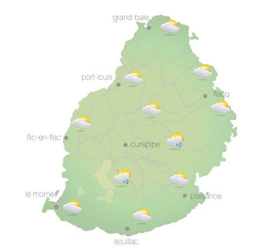 Bulletin prévision - Maurice  COMMUNIQUÉ DE LA MÉTÉO POUR MAURICE ÉMIS À 04H30 CE SAMEDI 30 OCTOBRE 2021.     SITUATION GÉNÉRALE:  Des nuages actifs associés à la zone d'instabilité qui influençait le temps local se sont décalé vers l'est. Par ailleurs, un vent léger souffle sur notre région.  PRÉVISIONS POUR LES PROCHAINES 24 HEURES: Nuageux ce matin avec quelques averses Le temps va s’améliorer graduellement durant la journée à l'exception de quelques averses qui pourraient persister sur les hauteurs. La température maximale variera entre 22 et 24 degrés Celsius sur le plateau central et entre 27 et 30 degrés Celsius sur le littoral.  Mi-couvert cette nuit. La température minimale variera entre 17 et 19 degrés Celsius sur les hauteurs et entre 21 et 23 degrés Celsius sur le littoral.  Vent du Nord Ouest à 20 km/h. Mer agitée au-delà des récifs avec des houles du Sud-Ouest de l'ordre de 2 mètres.  Information Supplémentaire: Une perturbation tropicale évolue loin au sud-est de Diego-Garcia et n'influencera pas le temps sur les îles des Mascareignes.      Marées Hautes : 10h43 et 21h25.  Marées Basses : 16h31 et demain 03h57.     Lever du soleil     : 05h28.  Coucher du soleil : 18h18.     La pression atmosphérique à 04h00 : 1012 hectoPascals.