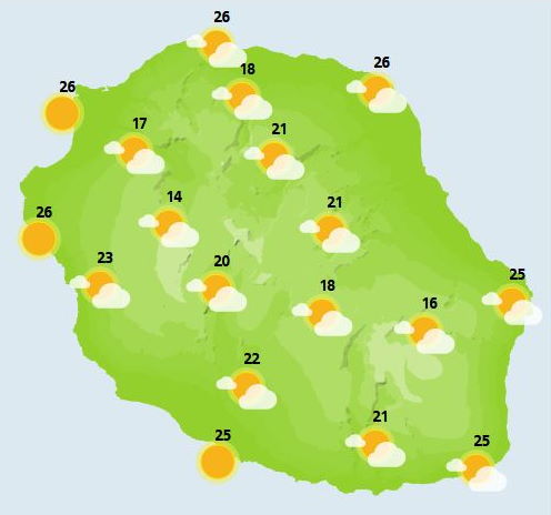 DIMANCHE 31  Si d'éphémères grisailles matinales sont présentes de la Pointe de la Table à la Pointe au Sel, le soleil se montre généreux sur la majeure partie de l'île dès son lever. Ensuite, au fil des heures, les nuages se développent dans l'intérieur et de modestes averses sont attendues dès la mi-journée avec une préférence pour les hauts du Nord et de l'Est, notamment vers le volcan. Les vents sont faibles à dominante Sud sur le littoral et d'Ouest sur les sommets. Les températures sont d'un bon niveau, voisines voire supérieures aux normales saisonnières. La mer est belle à peu agitée de la Pointe des Aigrettes à la Pointe des Cascades en passant par Champ-Borne, mais agitée ailleurs au déferlement d'une petite houle de secteur Sud.