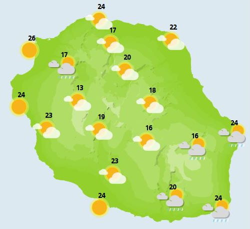 LUNDI 01  Au petit matin, réveil ensoleillé sur la majeure partie de l'île mais temps gris et humide de Sainte-Rose à Saint-Joseph. Ensuite, les éclaircies s'effacent progressivement pour faire place à une ambiance plus nuageuse dans les hauts. Ce temps nuageux dans l'intérieur est encore propice à de petites averses, plus fréquentes sur une grande moitié Est du département. Les éclaircies résistent tout de même sur le littoral Ouest et Sud-Ouest ainsi que sur les sommets, Piton des Neiges, Piton-Maïdo et volcan. Les côtes sont soumises à un faible alizé de Sud-Est alors qu'un vent de secteur Ouest prédomine sur les sommets. Peu d'évolution des températures et de l'état de la mer.