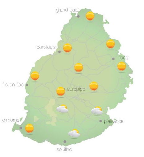 Bulletin prévision - Maurice  COMMUNIQUÉ DE LA MÉTÉO POUR MAURICE ÉMIS À 04H30 DIMANCHE 31 OCTOBRE 2021.     SITUATION GÉNÉRALE:   Un vent léger souffle sur notre région.    PRÉVISIONS POUR LES PROCHAINES 24 HEURES:   Il fera beau tôt ce matin et au cours de la journée. Toutefois, des développements nuageux temporaires sont attendues dans l'après-midi principalement à l'Est, au Nord et sur le Plateau Central avec des averses localisées.  La température maximale sera légèrement supérieure à la moyenne et variera entre 24 et 26 degrés Celsius sur le plateau central et entre 28 et 31 degrés Celsius sur le littoral.  Beau temps sur l'ensemble de l'île durant la nuit.  La température minimale variera entre 16 et 18 degrés Celsius sur les hauteurs et entre 20 et 22 degrés Celsius sur les régions côtières.  Vent du secteur Sud d'environ 10 km/h, devenant variable par moments.  Mer agitée au-delà des récifs avec des houles du secteur Sud de l'ordre de 2 mètres.  Information Supplémentaire:   La perturbation tropicale évolue toujours loin au sud-est de Diego Garcia.   Marées Hautes : 10h51 et 22h12.  Marées Basses : 16h52 et demain 04h31.     Lever du soleil     : 05h28.  Coucher du soleil : 18h19.  La pression atmosphérique à 04h00 : 1016 hectoPascals.