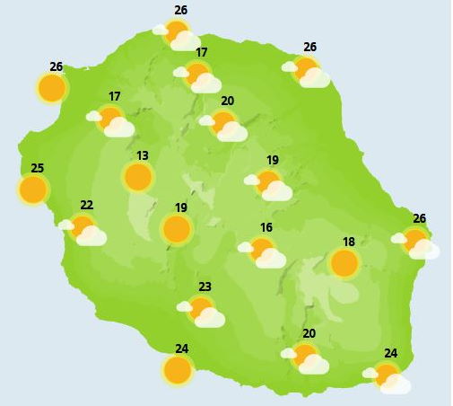 LUNDI 01  Au petit matin, réveil ensoleillé sur la majeure partie de l'île mais temps gris et humide de Sainte-Rose à Saint-Joseph. Ensuite, les éclaircies s'effacent progressivement pour faire place à une ambiance plus nuageuse dans les hauts. Ce temps nuageux dans l'intérieur est encore propice à de petites averses éparses dans l'intérieur de l'île. Les éclaircies résistent tout de même sur le littoral Ouest et Sud-Ouest ainsi que sur les plus hauts sommets, Piton des Neiges, Piton-Maïdo et volcan. Les côtes sont soumises à un faible alizé de Sud-Est alors qu'un vent de secteur Ouest prédomine sur les sommets. Les températures évoluent peu avec 25 à 28 °c sur le littoral, 19 à 21 °c dans les cirques et 18 °c au Volcan. Côté mer, elle est peu agitée à agitée au déferlement d'une petite houle de secteur sud.