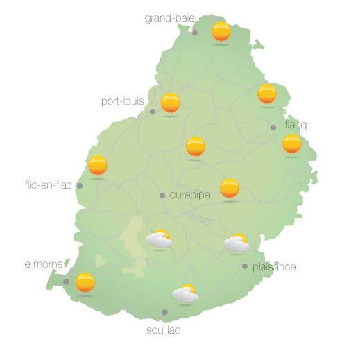 Bulletin prévision - Maurice  COMMUNIQUÉ DE LA MÉTÉO POUR MAURICE ÉMIS À 04H30 CE LUNDI 01 NOVEMBRE 2021.     SITUATION GÉNÉRALE:  Un vent léger circule sur notre région.     PRÉVISIONS POUR LES PROCHAINES 24 HEURES:  Beau temps ce matin.  Des développements nuageux temporaires sont attendus au-cours de l'après-midi sur la partie Est et sur le plateau central avec quelques averses localisées. Ciel mi-couvert ailleurs.     La température maximale sera légèrement supérieure à la moyenne et variera entre 25 et 27 degrés Celsius sur le plateau central et entre 29 et 31 degrés Celsius sur le littoral.     Le temps sera beau durant la nuit.     La température minimale variera entre 16 et 18 degrés Celsius sur les hauteurs et entre 20 et 22 degrés Celsius sur les régions côtières.     Vent léger et variable tôt ce matin, soufflant de l'Est-Sud-Est à environ 15 km/h au-cours de la journée.     Mer agitée au-delà des récifs avec des vagues de l'ordre de 1 mètre 50.     Information Supplémentaire:  La perturbation tropicale évolue loin au Sud-Est de Diego Garcia et se déplace lentement vers le Sud Ouest.     Marées Hautes : 11h04 et 22h51.  Marées Basses : 17h16 et demain 05h03.     Lever du soleil     : 05h27.  Coucher du soleil : 18h19.     La pression atmosphérique à 04h00 : 1016 hectoPascals.