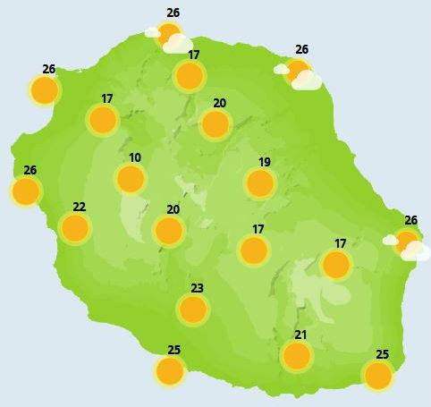 MARDI 02  Au petit matin, réveil ensoleillé sur la majeure partie de l'île mais temps gris et humide de Sainte-Rose à Saint-André. Ensuite, les éclaircies s'effacent progressivement pour faire place à une ambiance plus nuageuse dans les hauts. Ce temps nuageux dans l'intérieur est encore propice à de petites averses éparses dans l'intérieur de l'île. Les éclaircies résistent tout de même sur le littoral Ouest ainsi que sur les plus hauts sommets, Piton des Neiges, Piton-Maïdo et Volcan. Les côtes sont soumises à un faible alizé de Secteur Est alors qu'un vent de secteur Ouest prédomine sur les sommets. Les températures évoluent peu avec 25 à 29 °c sur le littoral, 20 à 24 °c dans les cirques et 20 °c au Volcan. Côté mer, elle est peu agitée à agitée au déferlement d'une petite houle de secteur sud.