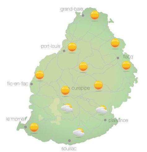 Bulletin prévision - Maurice  COMMUNIQUÉ DE LA MÉTÉO POUR MAURICE ÉMIS À 04H30 MARDI 02 NOVEMBRE 2021.    SITUATION GÉNÉRALE:   Notre région demeure sous l'influence d'un courant d'air léger.  PRÉVISIONS POUR LES PROCHAINES 24 HEURES:  Ensoleillé sur l'ensemble de l'île ce matin. Dans l'après-midi  il y aura des développements nuageux, principalement sur le Plateau Central et sur la partie Ouest de l'île, accompagnées d'averses localisées. Ces averses pourraient être temporairement d'intensité modéré.  La température maximale sera légèrement supérieure à la moyenne et variera entre 25 et 27 degrés Celsius sur le plateau central et entre 29 et 31 degrés Celsius sur le littoral.  Le ciel s'éclaircira durant la nuit et il fera beau en général.  La température minimale variera entre 16 et 19 degrés Celsius sur les hauteurs et entre 21 et 23 degrés Celsius sur les régions côtières  Vent d'Est-Sud-Est, soufflant à environ 15 km/h, devenant léger et variable durant la nuit.  Mer agitée au-delà des récifs avec des vagues de l'ordre de 1 mètre 50.  Information Supplémentaire:   Durant les dernières 24 heures la perturbation tropicale s'est affaiblit en une zone de basse préssion. A 04h00 ce matin, elle se trouvait à environ 1150 km au Nord-Est de Rodrigues. Elle maintient son lent  déplacement vers le Sud-Ouest.     Marées Hautes : 11h22 et 23h29.  Marées Basses : 17h43 et demain 05h35.     Lever du soleil     : 05h27.  Coucher du soleil : 18h20.     La pression atmosphérique à 04h00 : 1016 hectoPascals.