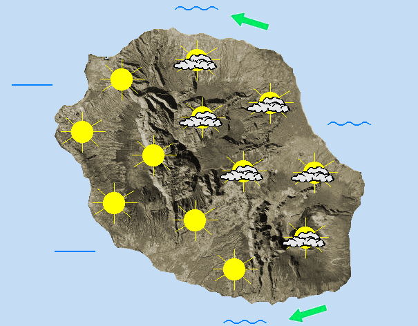 JOURNEE DU MARDI 02  Temps calme mais relativement humide associé à un faible flux de secteur Est.  Le vent est faible, le ciel est nuageux et les températures sont légèrement en-dessous de la normale saisonnière. Même si  à l'ouest de l'île , le réveil se fait au soleil, à l'Est le ciel est couvert. Le littoral Est allant de Saint-André à Saint-Philippe est l'objet d'averses faibles parfois modérées. L'évolution notable de ce matin, c'est le développement rapide d'une couverture nuageuse sur l'ouest de l'île. Les plages de l'ouest gardent des éclaircies le matin mais cela ne dure pas. L'après-midi, cette couverture nuageuse se densifie ert des averses localisées et isolées se déclenchent sur les pentes. La localisation de ces averses se fait sur les pentes de l'île dans l'intérieur. Ces averses isolées ont une préférence pour les les pentes du Nord du côté du Brûlé et du Colorado. Sur l'ouest, ces averses toujours isolées générent un temps maussde dans la région du Tampon, de Bois de Nèfles Saint-Paul, et de la Possession .... Les brises sont majoritaires mais le vent de secteur Est  devient temporairement sensible sur le littoral avec des pointes à 50 km/h. Au plus chaud de cette journée, les thermomètres affichent 25 à 28°C sur le littoral, 22 à 24°C dans les cirques et flirtent avec les 18°C au Pas de Bellecombe-Jacob. L'état de la mer est stationnaire. Elle reste agitée de la Pointe des Aigrettes à la Pointe des cascades, au déferlement d'une petite houle de secteur Sud qui s'amortit sous 1 mètre 50, et belle à peu agitée ailleurs.