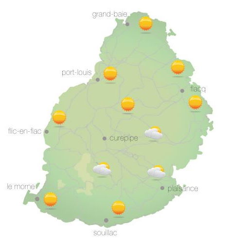 Bulletin prévision - Maurice  COMMUNIQUÉ DE LA MÉTÉO POUR MAURICE ÉMIS À 04H30 MERCREDI 03 NOVEMBRE 2021.    SITUATION GÉNÉRALE:  Notre région demeure sous l'influence d'un vent léger.   PRÉVISIONS POUR LES PROCHAINES 24 HEURES: Beau temps en général ce matin. Des développements nuageux temporaires sont attendus dans l'après-midi, à l'Ouest, au Nord et sur les terrains élevés avec des ondées localisées. Ailleurs le ciel sera mi-couvert.   La température maximale variera entre 25 et 27 degrés Celsius sur le plateau central et entre 29 et 31 degrés Celsius sur le littoral.   Mi-couvert en général durant la nuit avec quelques ondées sur les hauteurs.   La température minimale variera entre 17 et 20 degrés Celsius sur les hauteurs et entre 21 et 23 degrés Celsius sur les régions côtières.   Vent de l'Est-Sud-Est à environ 15 km/h.   Mer agitée au-delà des récifs avec des vagues de l'ordre de 1 mètre 50.   Information Supplémentaire: A 04h00 ce matin, la zone de basse pression se trouvait à environ 890 km au Nord-Est de Rodrigues. Elle maintient son déplacement lent vers l'Ouest tout en s'affaiblissant davantage.     Marées Hautes : 11h44 et demain 00h07.  Marées Basses : 18h13 et demain 06h09.     Lever du soleil     : 05h27.  Coucher du soleil : 18h20.     La pression atmosphérique à 04h00 : 1016 hectoPascals.