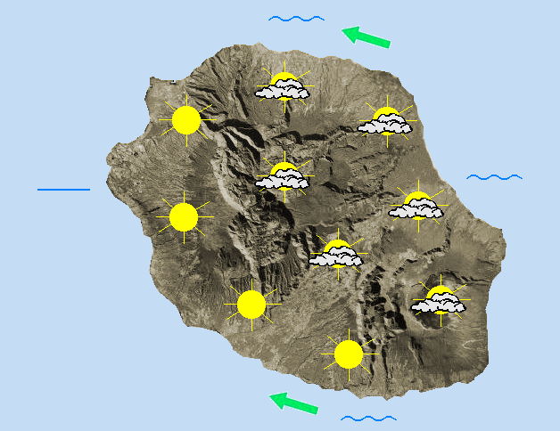 JOURNEE DU MERCREDI 03  Vent faible sur le département dans un environnement calme.  La matinée débute avec une Réunion coupée en deux. En effet un soleil généreux brille sur les régions de l'Ouest et du Sud-Ouest. Sur la côte Est, nuages et soleil se partagent le ciel, avec un risque de petites pluies qui s'atténue par rapport au lever du jour. Au fil des heures, les nuages prennent possession de l'intérieur de l'île. L'après midi, la couverture nuageuse est bien marquée sur les reliefs. De rares averses se produisent sur les hauteurs du Nord de préférence ainsi que sur les hauts de l'Ouest. Les sommets au dessus de 1500 à 1600 mètres profitent de belles trouées de ciel bleu. Le littoral devra composer avec un ciel relativement nuageux mais sans donner de précipitations. Le vent est faible, c'est un régime de brises qui prédominent avec une composante Nord-Est prise par le vent sur le Port. Au plus chaud de cette journée, les thermomètres affichent 25 à 29°C sur le littoral, 22 à 24°C dans les cirques et flirtent avec les 18°C au Pas de Bellecombe-Jacob. La mer est peu agitée à agitée. Une petite houle de Sud déferle sur la côte Ouest et une petite houle d'alizé est observée sur la côte Est.