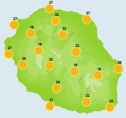 JEUDI 04  Net changement de temps avec une atmosphère beaucoup plus sèche. C'est donc une belle journée qui nous attend avec un grand soleil matinal et des nuages peu épais présents l'après-midi à mi-pentes. Les éclaircies restent majoritaires sur le littoral à l'exception de quelques débordements en fin d'après-midi vers Saint-Denis et la Possession. Au Piton-Maïdo et au volcan, le soleil brille sans discontinuité du matin au soir. Peu ou pas de vent sur l'ensemble de l'île, tant sur la côte que dans les hauts. Ces conditions sont propices à une hausse sensible des températures qui flirtent avec les 30°C sur les plages de l'Ouest, 24°C dans les cirques et dépassent 20°C au volcan. La mer demeure peu agitée à agitée.